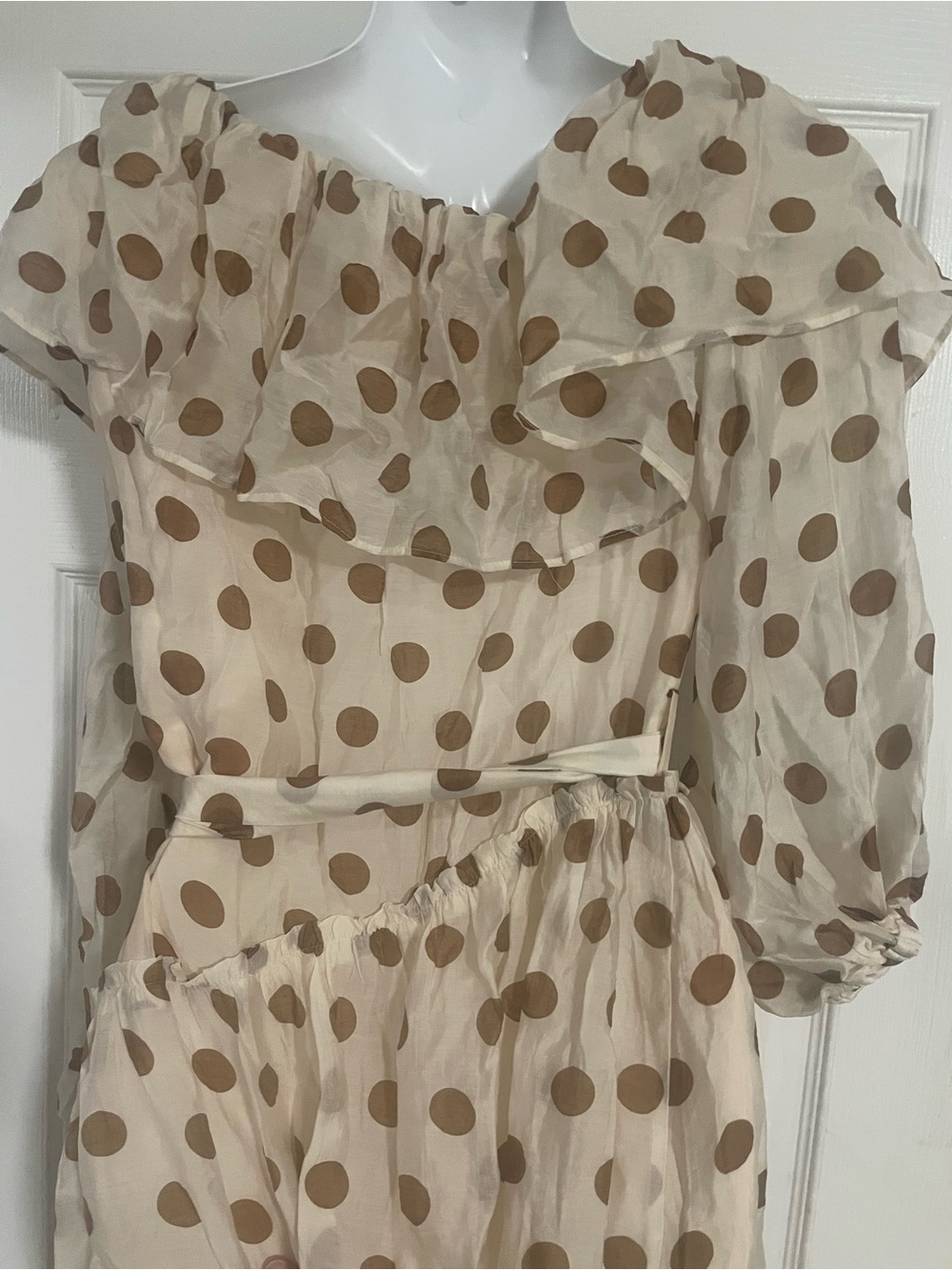 Off-Shoulder Cream Polka Dot Maxi Dress With Ruffles and Belt by Mango Size M - Picture 9 of 9